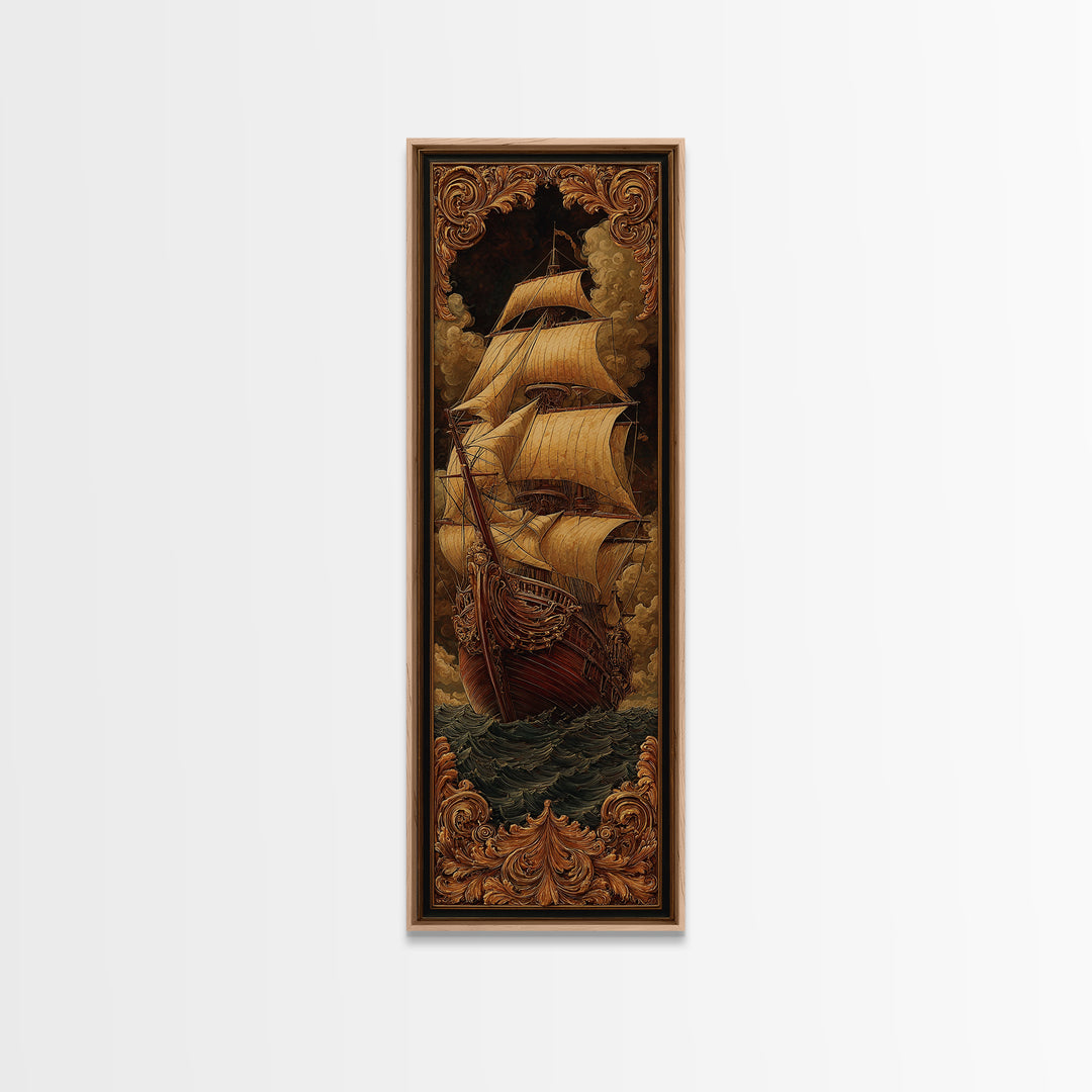 Ship at Sea Framed Canvas Print, Traditional Art, Fine Art Print, Living Room Decor, Fine Art, Classic, Wall Decor, Painting, TRA-1x3-50