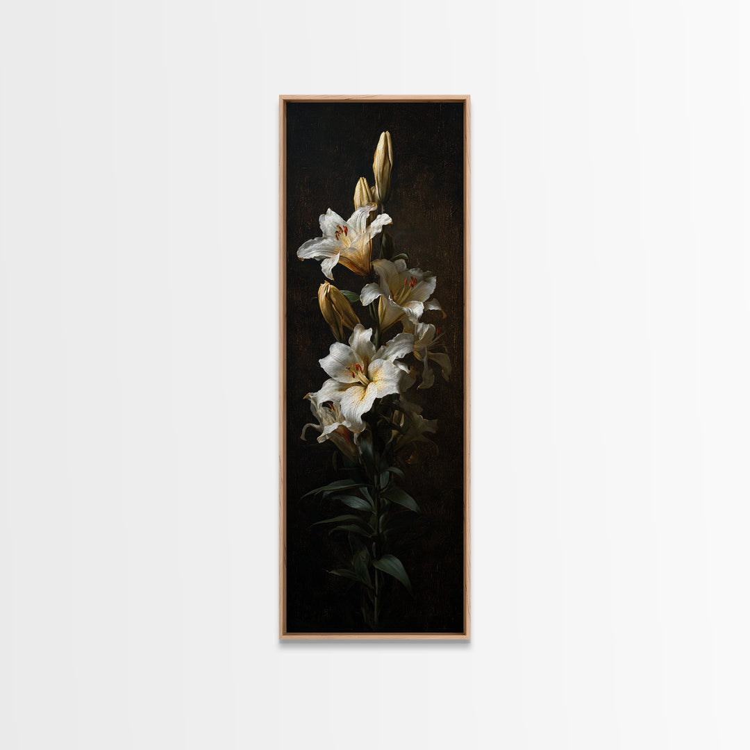 White Lilies on Dark Background Framed Canvas Print, Traditional Art, Neutral Decor, Living Room Decor, Fine Art, Classic, TRA-1x3-75