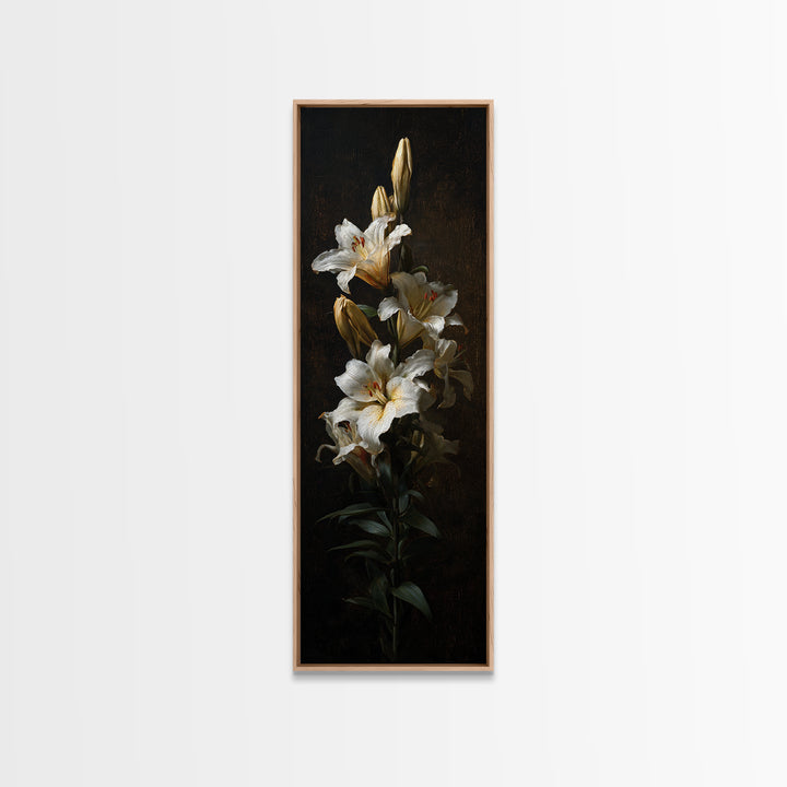 White Lilies on Dark Background Framed Canvas Print, Traditional Art, Neutral Decor, Living Room Decor, Fine Art, Classic, TRA-1x3-75