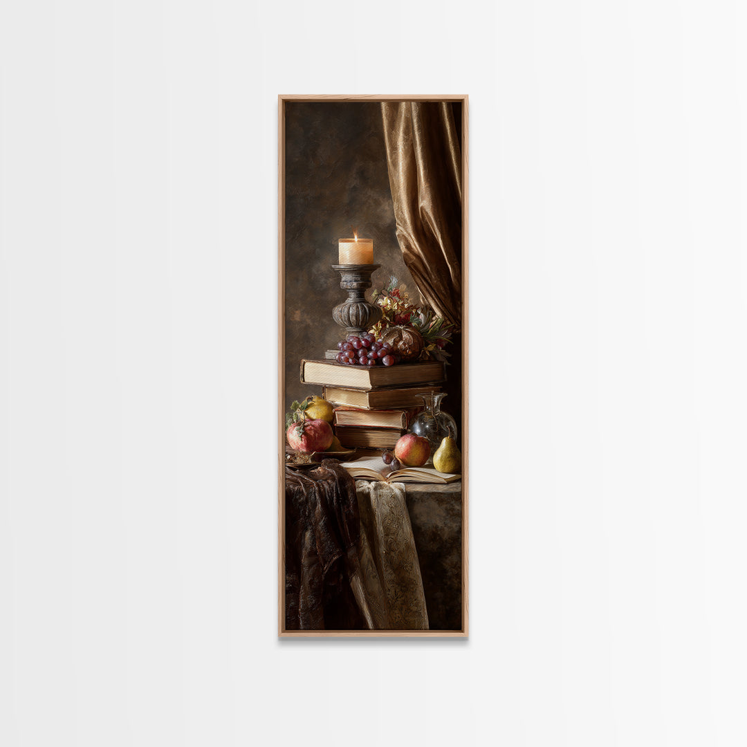 Still Life of Books Candle and Fruit Framed Canvas Print, Traditional Art, Contemporary Art, Living Room Decor, Classic, TRA-1x3-8
