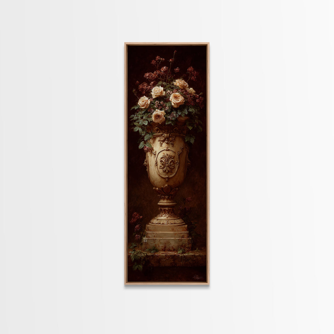 Garden Urn with Roses and Ivy Framed Canvas Print, Traditional Art, Art Commissions, Living Room Decor, Oil Painting, Classic, TRA-1x3-84