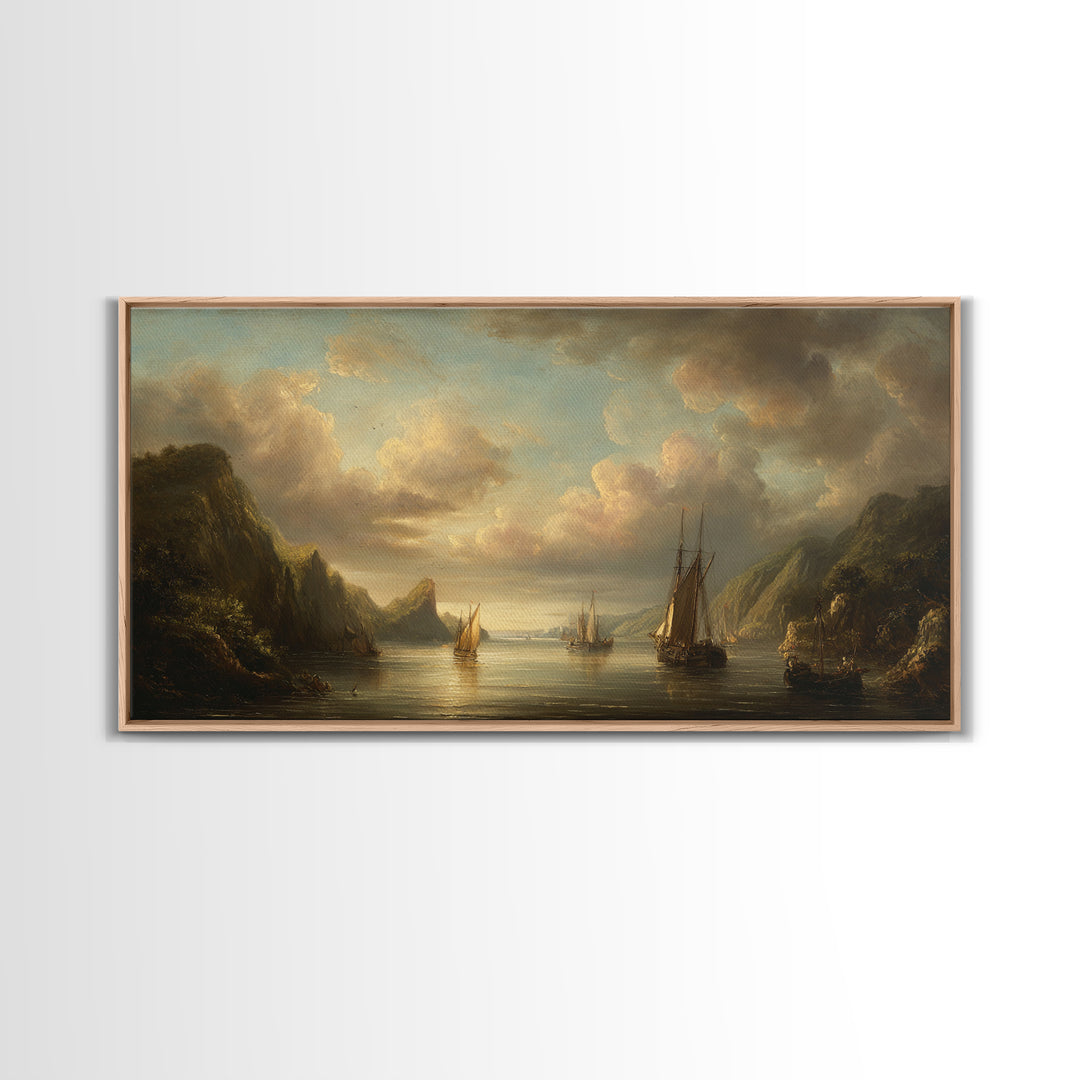 Seascape with Sailboats and Cloudy Sky Framed Canvas Print, Traditional Art, Digital Art, Living Room Decor, Fine Art, Classic, TRA-2x1-1