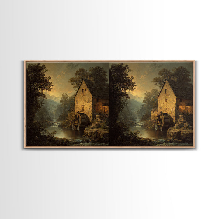 Watermill Beside a Quiet Stream Framed Canvas Print, Traditional Art, Painting, Living Room Decor, Fine Art, Classic, TRA-2x1-13