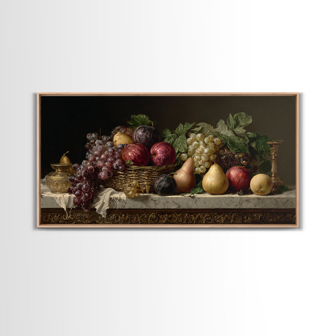 Basket of Apples and Pears on Linen Framed Canvas Print, Traditional Art, Luxury Decor, Living Room Decor, Abstract Art, TRA-2x1-14