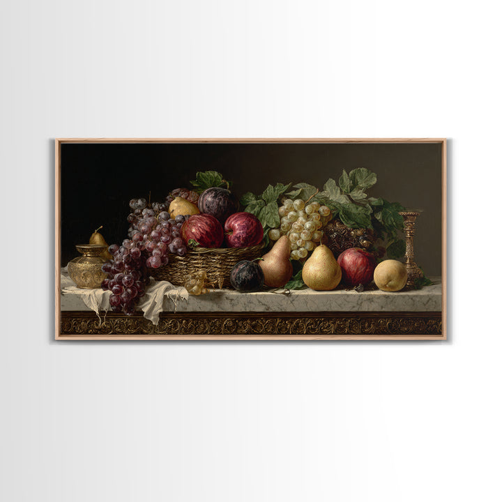 Basket of Apples and Pears on Linen Framed Canvas Print, Traditional Art, Luxury Decor, Living Room Decor, Abstract Art, TRA-2x1-14