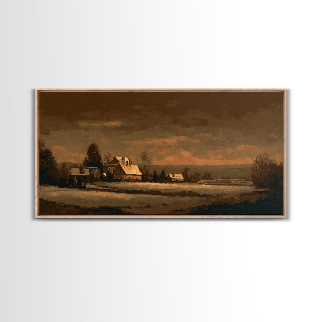 Snowy Village Landscape at Twilight Framed Canvas Print, Traditional Art, Living Room Decor, Watercolor Art, Classic, TRA-2x1-15