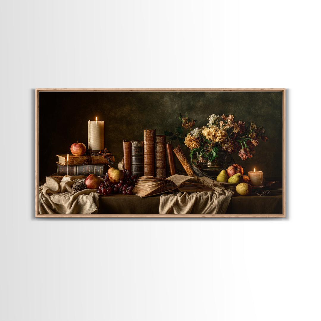 Still Life of Books Candle and Fruit Framed Canvas Print, Traditional Art, Fine Art Print, Living Room Decor, Fine Art, Classic, TRA-2x1-16