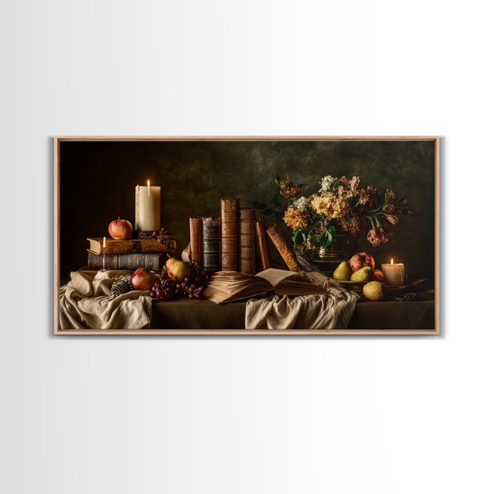Still Life of Books Candle and Fruit Framed Canvas Print, Traditional Art, Fine Art Print, Living Room Decor, Fine Art, Classic, TRA-2x1-16