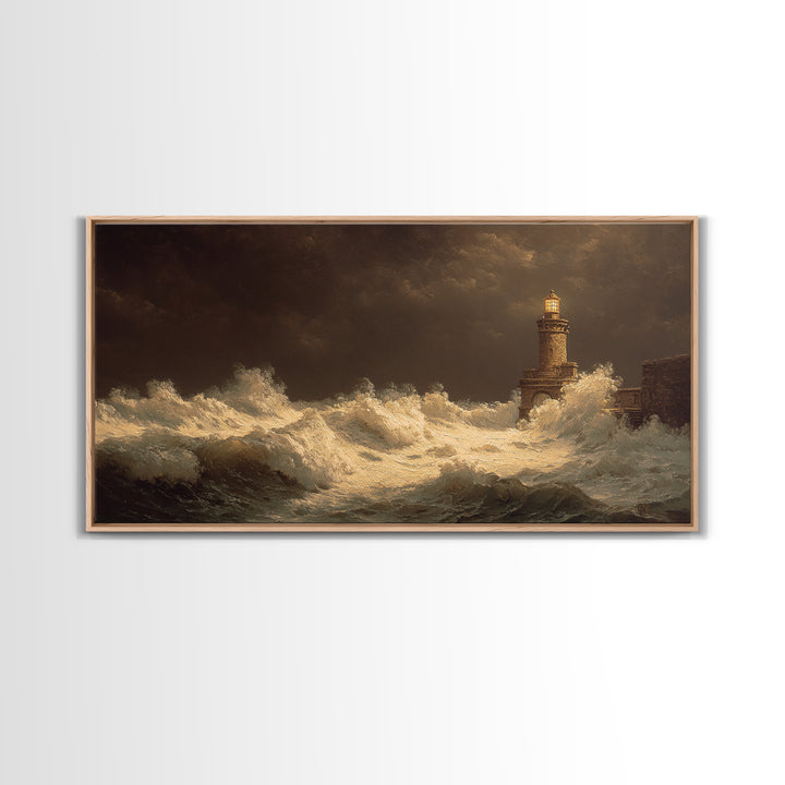 Lighthouse with Crashing Waves Canvas Print, Traditional Art, Decor, Living Room Decor, Fine Art, Classic, Japanese Art, TRA-2x1-17