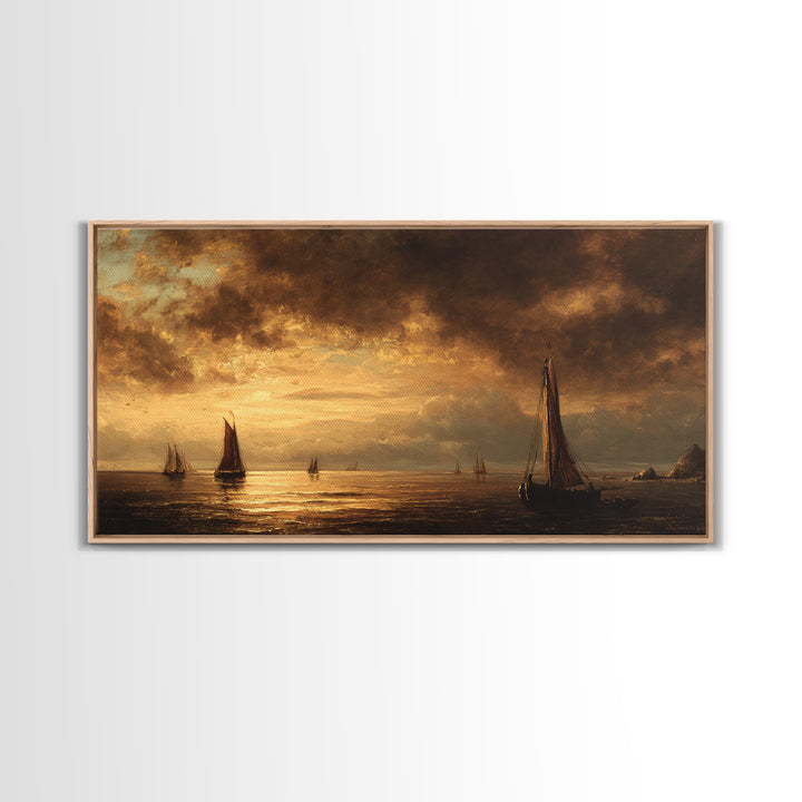 Seascape with Sailboats and Cloudy Sky Framed Canvas Print, Traditional Art, Digital Art, Living Room Decor, Fine Art, Classic, TRA-2x1-25