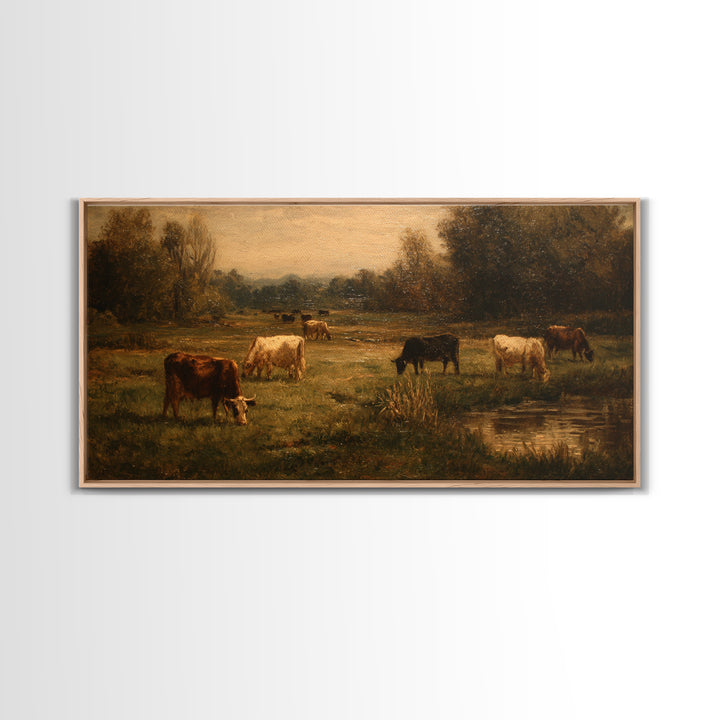 Pastoral Countryside with Cows in Field Framed Canvas Print, Traditional Art, Boho Decor, Living Room Decor, Oil Painting, TRA-2x1-27