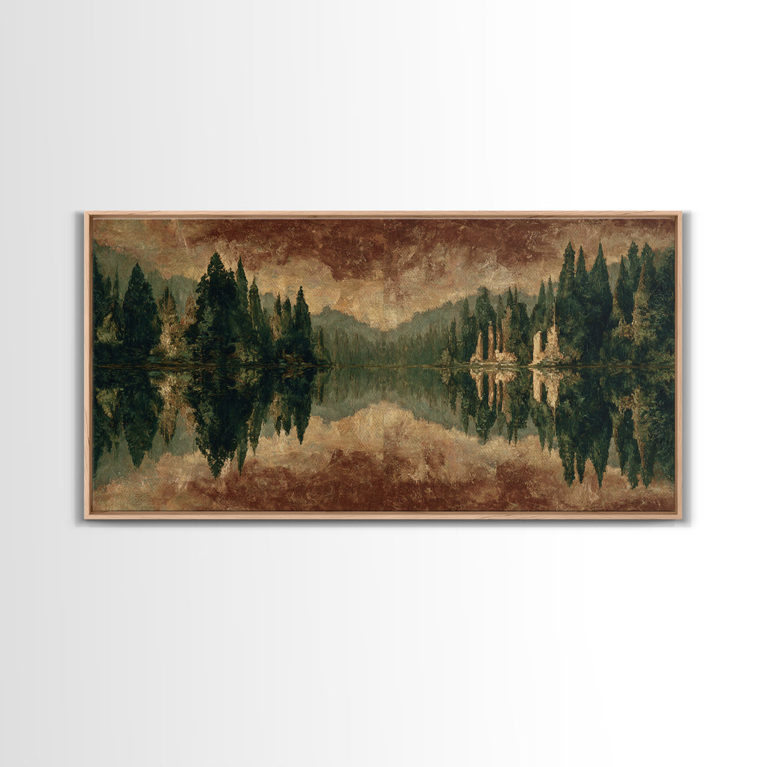 Mountain Lake with Pine Forest Reflection Framed Canvas Print, Traditional Art, Canvas, Living Room Decor, Fine Art, Classic, TRA-2x1-29