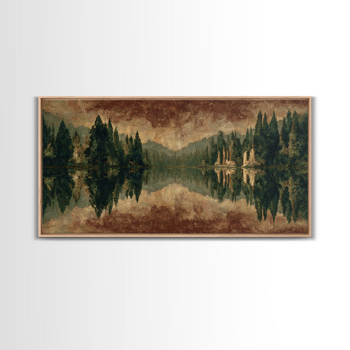 Mountain Lake with Pine Forest Reflection Framed Canvas Print, Traditional Art, Canvas, Living Room Decor, Fine Art, Classic, TRA-2x1-29