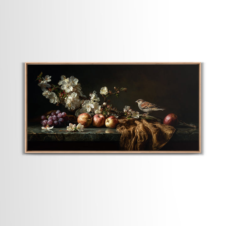 Bird Study on a Flowering Branch Framed Canvas Print, Traditional Art, Minimalist Decor, Living Room Decor, Oil Painting, TRA-2x1-30