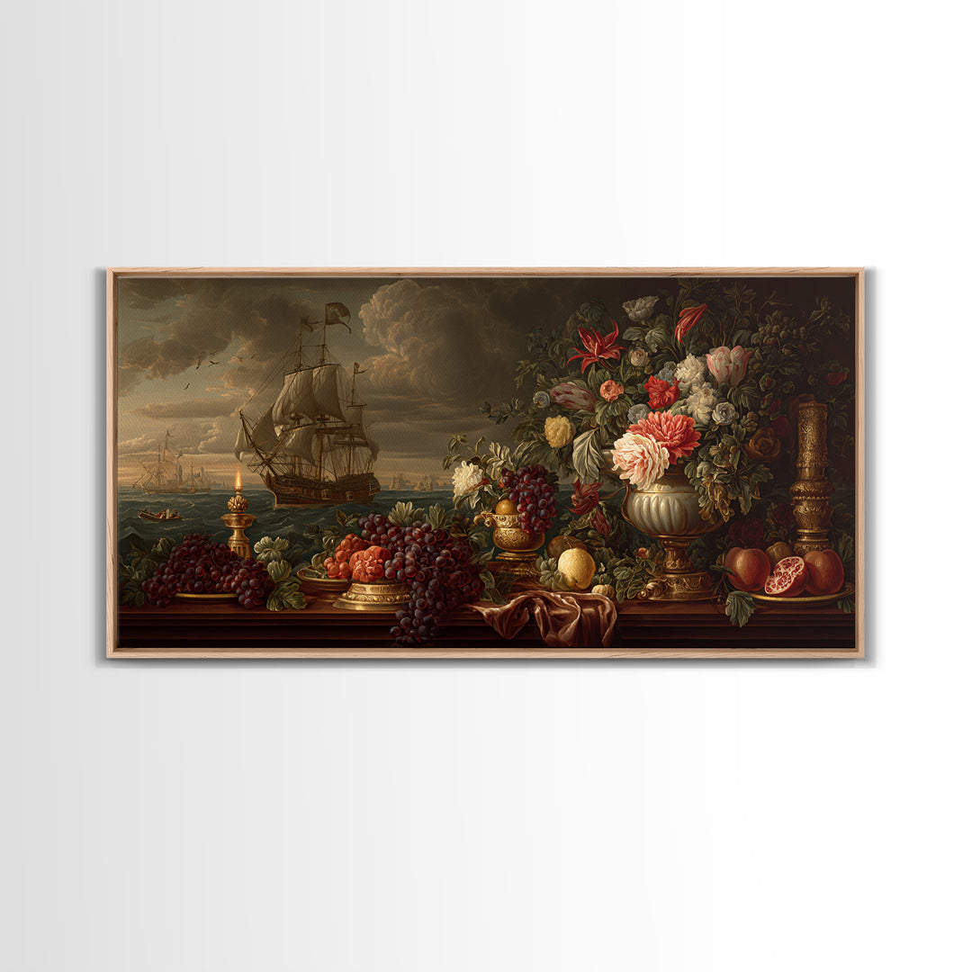 Ship at Sea Framed Canvas Print, Traditional Art, Contemporary Art, Living Room Decor, Fine Art, Classic, Wall Hanging, TRA-2x1-34