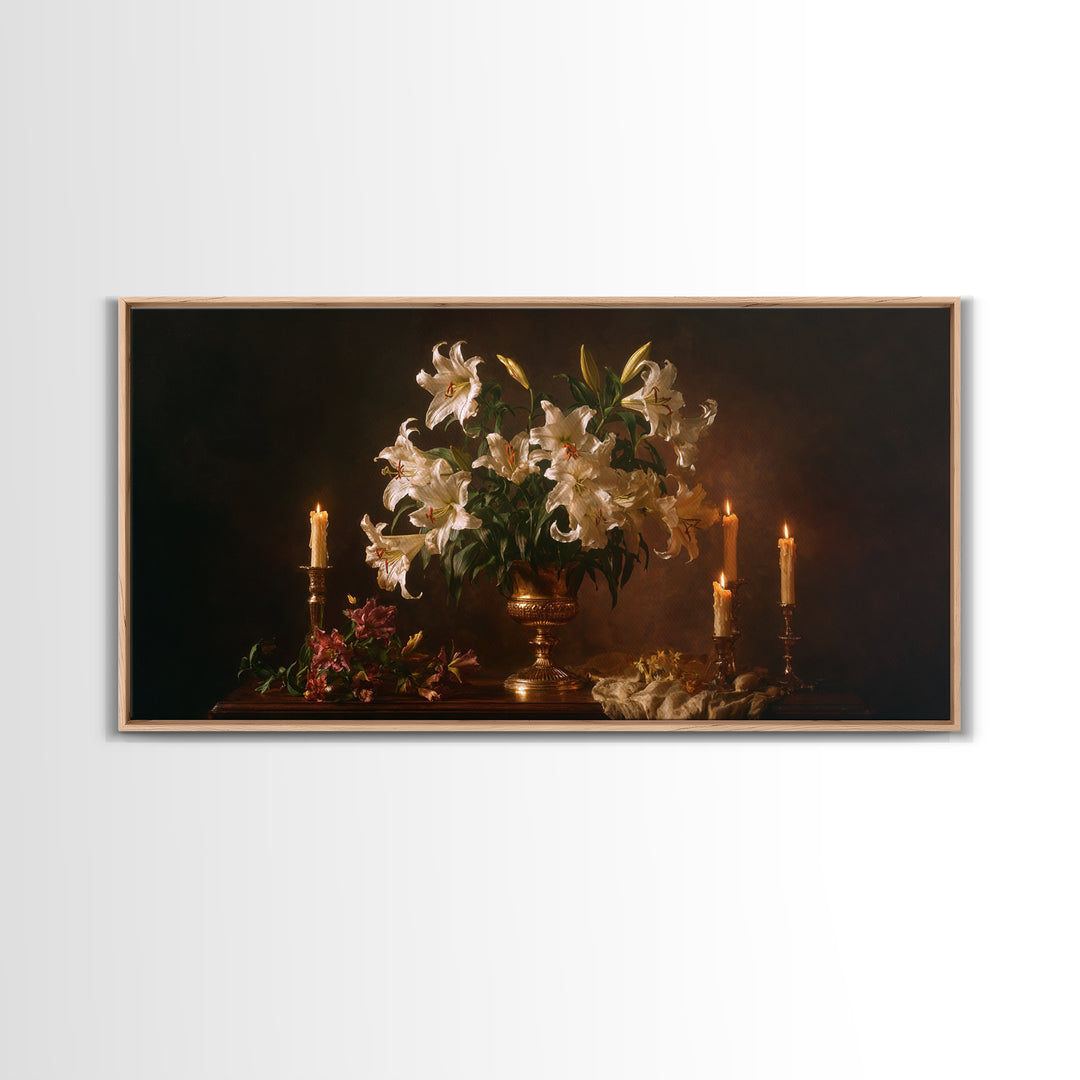 White Lilies on Dark Background Framed Canvas Print, Traditional Art, Wall Art, Living Room Decor, Oil Painting, Classic, TRA-2x1-35