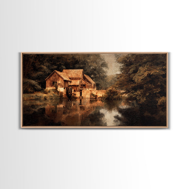 Watermill Beside a Quiet Stream Framed Canvas Print, Traditional Art, Painting, Living Room Decor, Fine Art, Classic, TRA-2x1-37