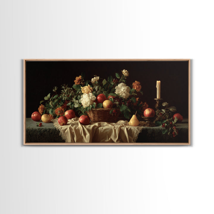Basket of Apples and Pears on Linen Framed Canvas Print, Traditional Art, Luxury Decor, Living Room Decor, Abstract Art, TRA-2x1-38