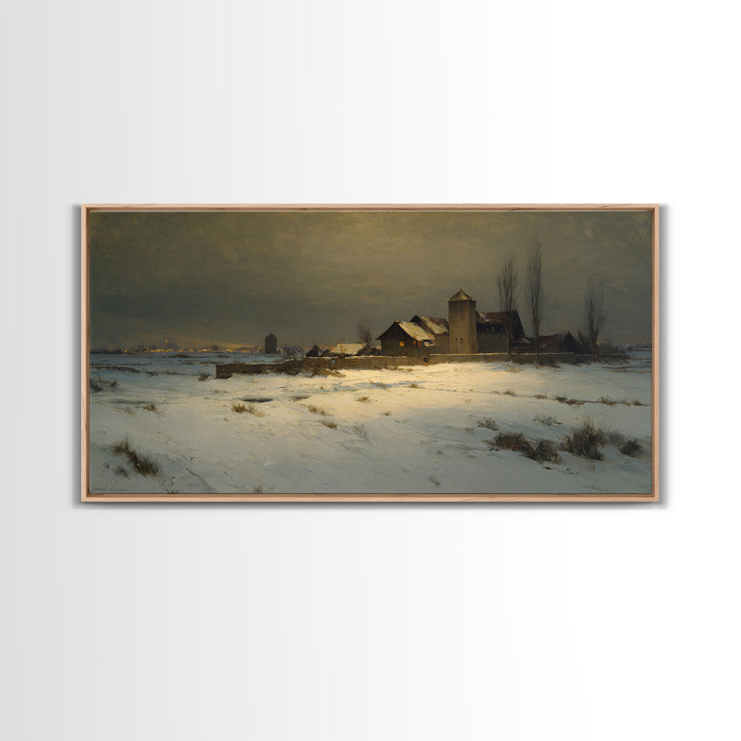 Snowy Village Landscape at Twilight Canvas Print, Traditional Art, Art Print, Living Room Decor, Fine Art, Classic, Custom Art, TRA-2x1-39