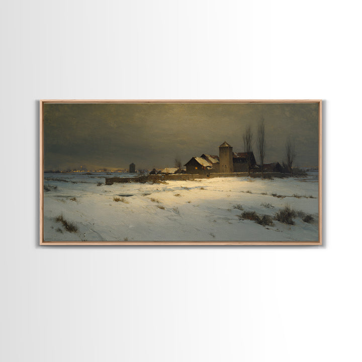 Snowy Village Landscape at Twilight Canvas Print, Traditional Art, Art Print, Living Room Decor, Fine Art, Classic, Custom Art, TRA-2x1-39