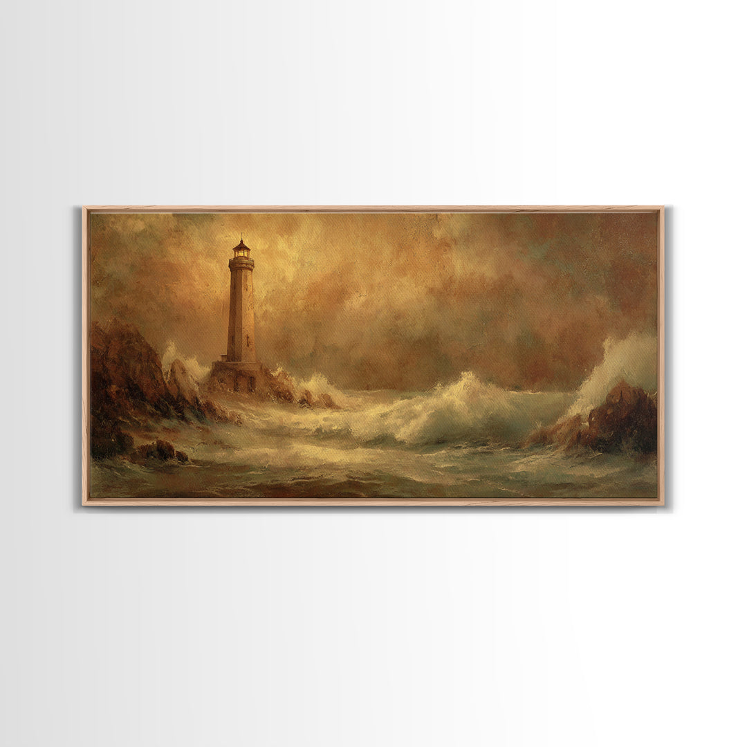 Lighthouse with Crashing Waves Canvas Print, Traditional Art, Decor, Living Room Decor, Fine Art, Classic, Japanese Art, TRA-2x1-41