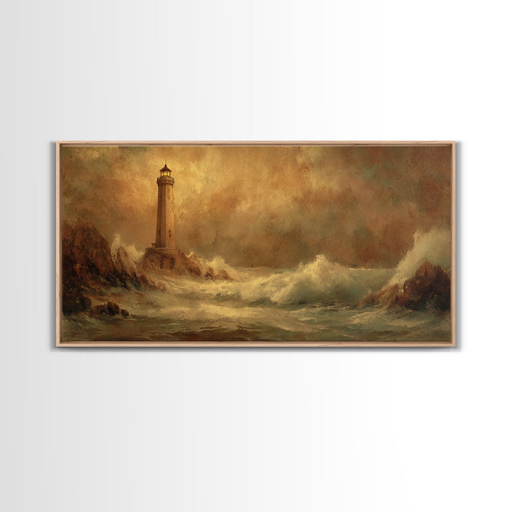 Lighthouse with Crashing Waves Canvas Print, Traditional Art, Decor, Living Room Decor, Fine Art, Classic, Japanese Art, TRA-2x1-41