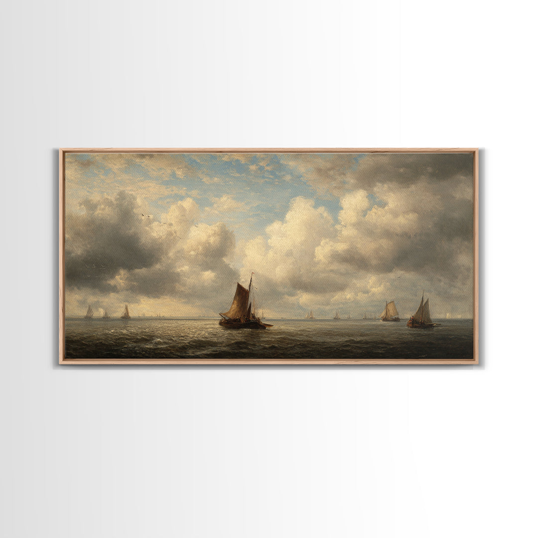 Seascape with Sailboats and Cloudy Sky Canvas Print, Traditional Art, Original Art, Living Room Decor, Fine Art, Classic, TRA-2x1-49