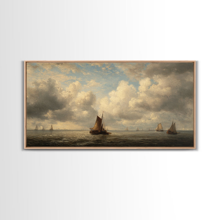 Seascape with Sailboats and Cloudy Sky Canvas Print, Traditional Art, Original Art, Living Room Decor, Fine Art, Classic, TRA-2x1-49
