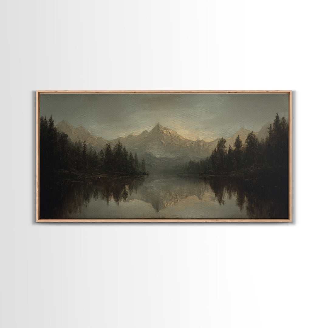 Mountain Lake with Pine Forest Reflection Framed Canvas Print, Traditional Art, Canvas, Living Room Decor, Fine Art, Classic, TRA-2x1-5