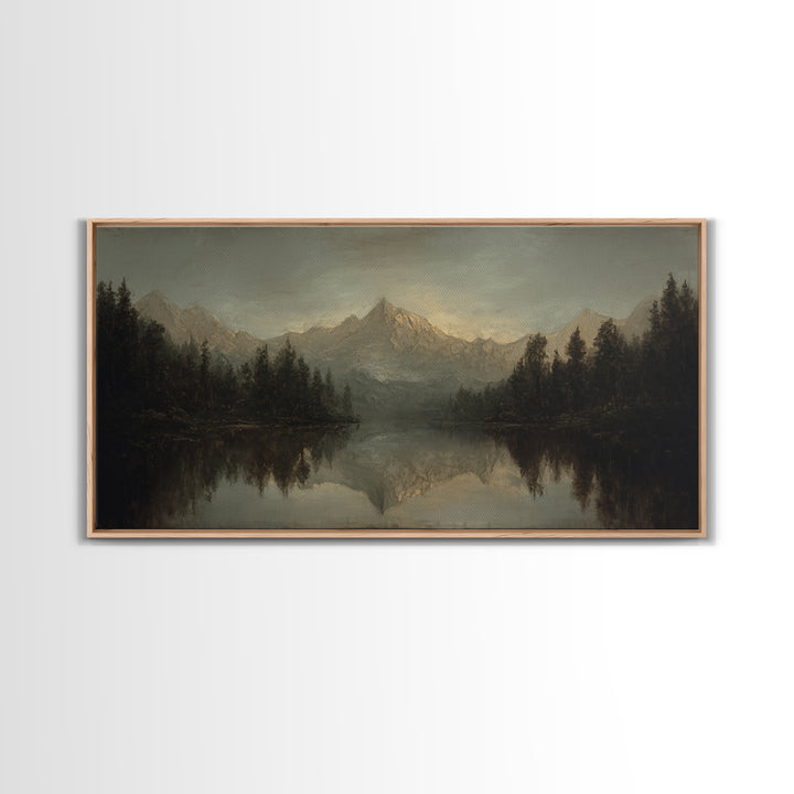 Mountain Lake with Pine Forest Reflection Framed Canvas Print, Traditional Art, Canvas, Living Room Decor, Fine Art, Classic, TRA-2x1-5