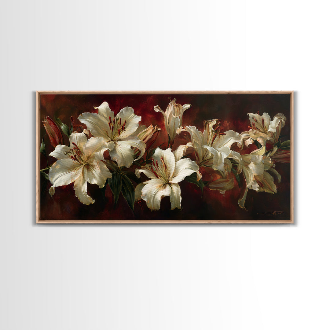 White Lilies on Dark Background Framed Canvas Print, Traditional Art, Indian Wall Art, Living Room Decor, Watercolor Art, TRA-2x1-59