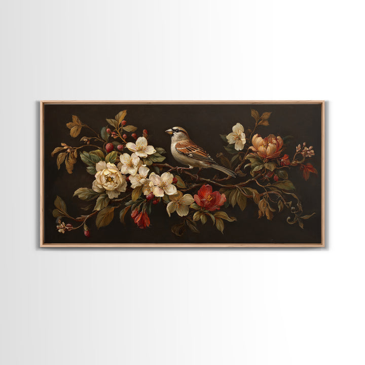 Bird Study on a Flowering Branch Framed Canvas Print, Traditional Art, Minimalist Decor, Living Room Decor, Oil Painting, TRA-2x1-6