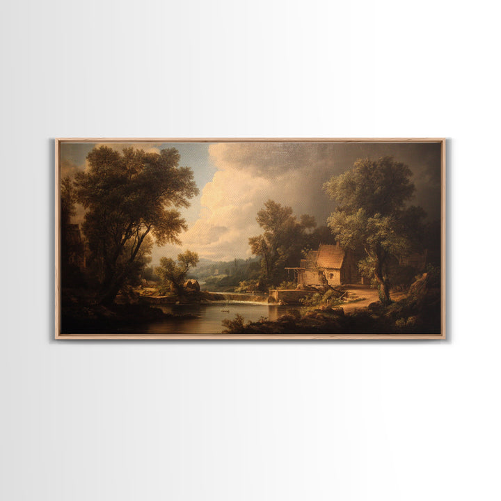 Watermill Beside a Quiet Stream Canvas Print, Traditional Art, Boho, Living Room Decor, Fine Art, Classic, Indian Wall Art, TRA-2x1-61