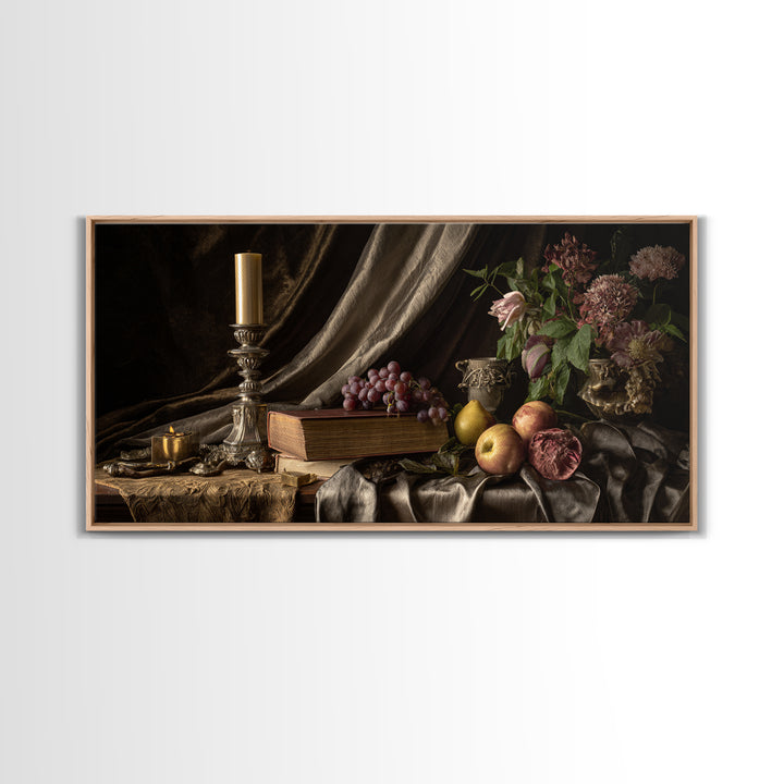 Still Life of Books Candle and Fruit Canvas Print, Traditional Art, Digital Art, Living Room Decor, Fine Art, Classic, TRA-2x1-64