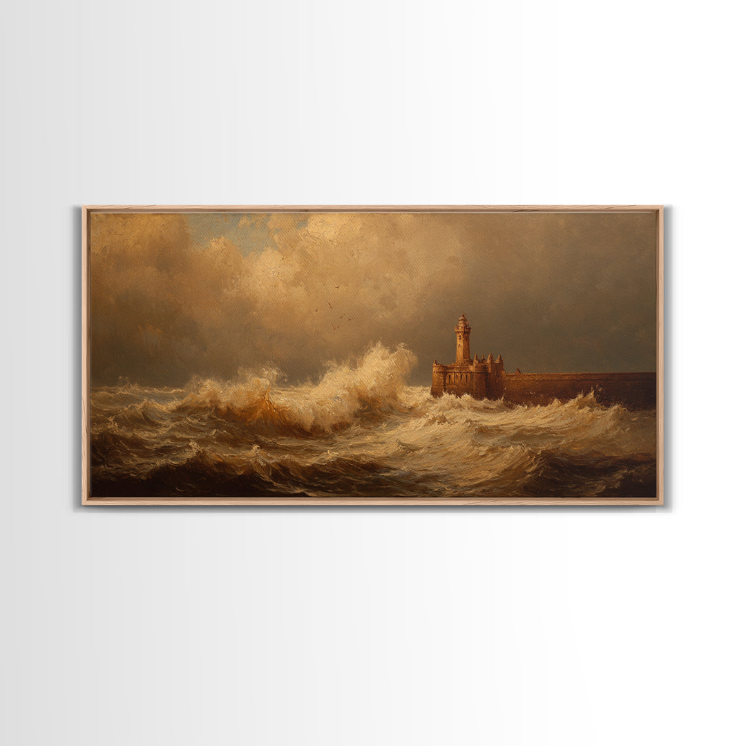 Lighthouse with Crashing Waves Framed Canvas Print, Traditional Art, Wall Hanging, Living Room Decor, Abstract Art, Classic, TRA-2x1-65