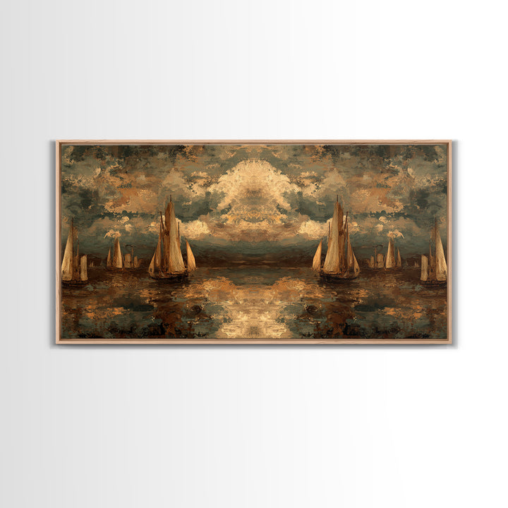 Seascape with Sailboats and Cloudy Sky Canvas Print, Traditional Art, Original Art, Living Room Decor, Fine Art, Classic, TRA-2x1-73