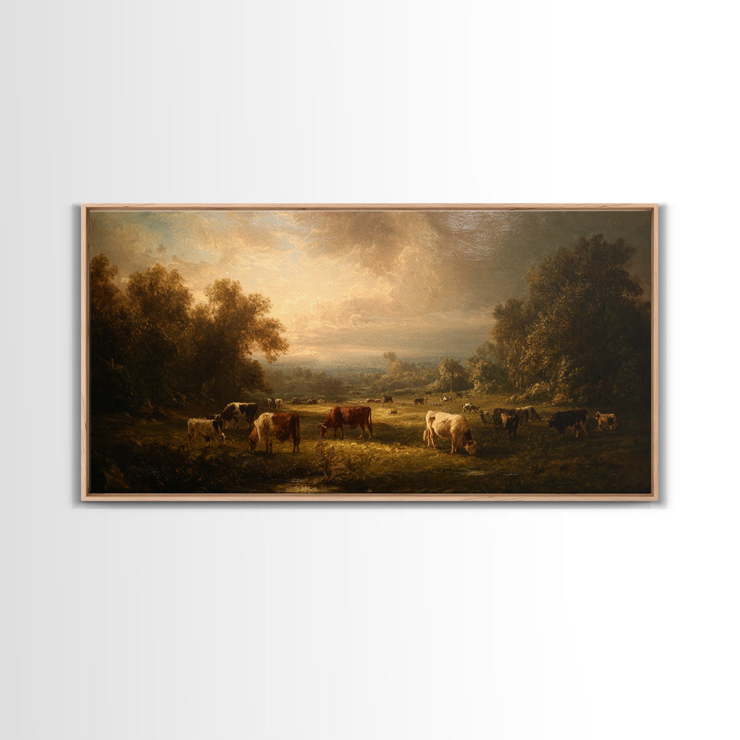 Pastoral Countryside with Cows in Field Framed Canvas Print, Traditional Art, Room Decor, Living Room Decor, Fine Art, Classic, TRA-2x1-75