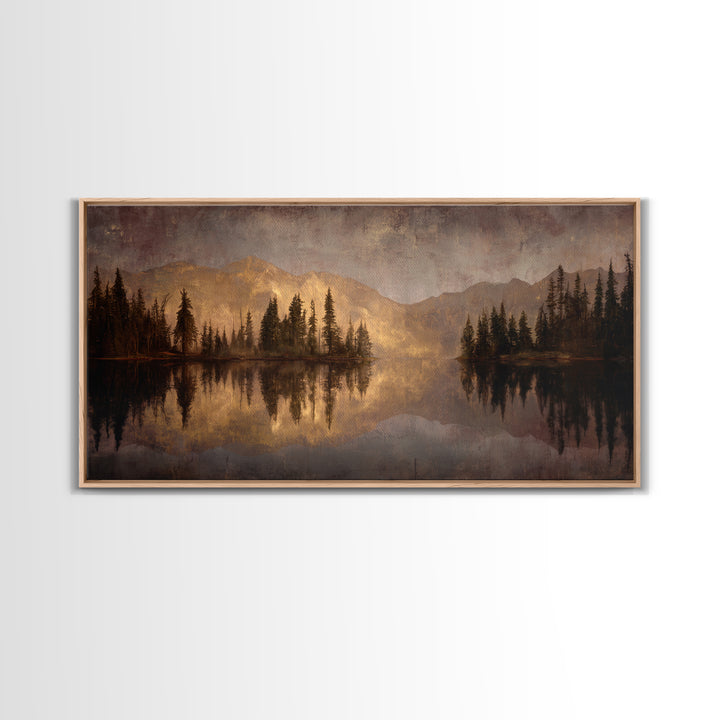 Mountain Lake with Pine Forest Reflection Canvas Print, Traditional Art, Digital Print, Living Room Decor, Fine Art, Classic, TRA-2x1-77