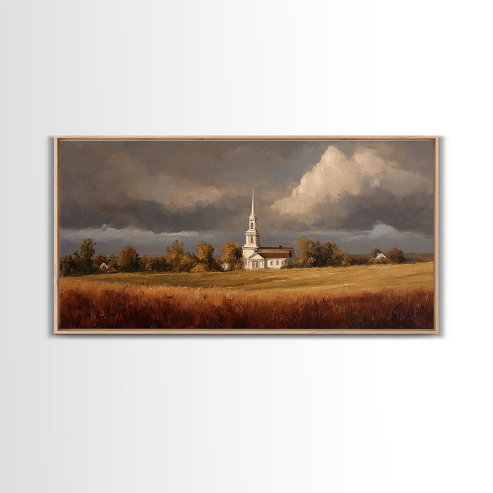 Church Steeple Across Rural Meadow Framed Canvas Print, Traditional Art, Printable Art, Living Room Decor, Watercolor Art, TRA-2x1-81