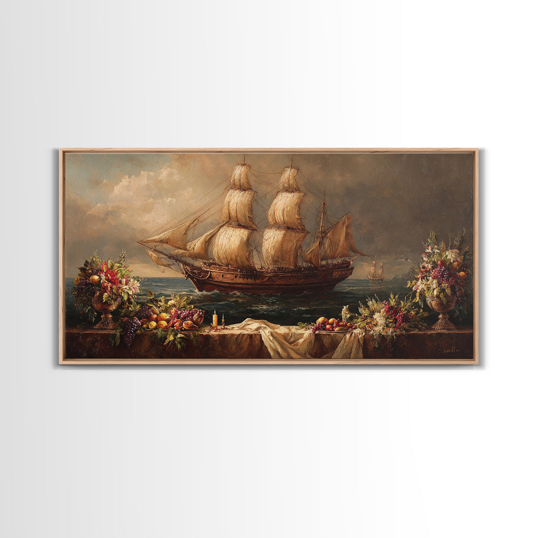 Ship at Sea Canvas Print, Traditional Art, Painting, Living Room Decor, Fine Art, Classic, Art Commissions, Japanese Art, TRA-2x1-82