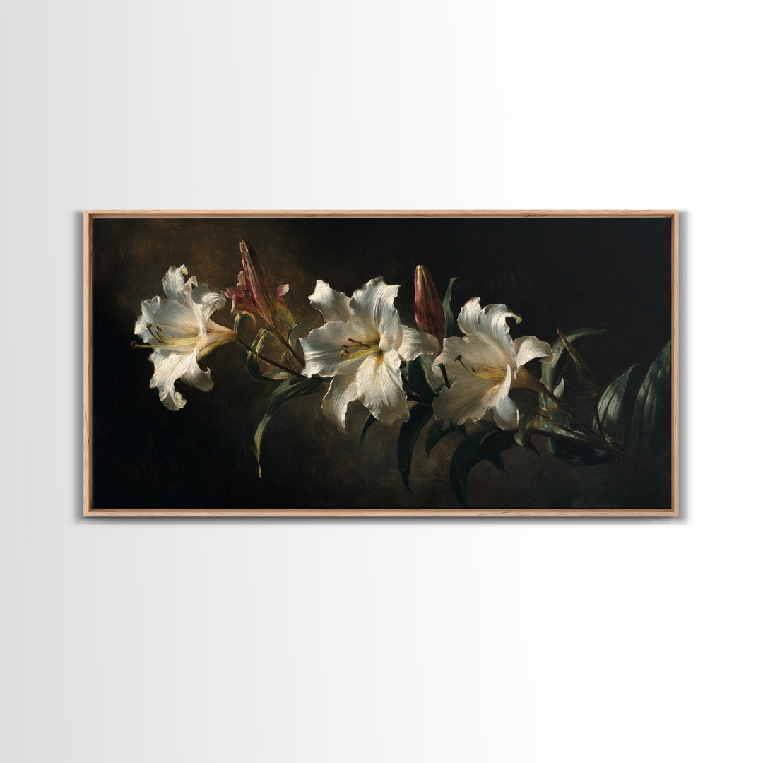 White Lilies on Dark Background Framed Canvas Print, Traditional Art, Art, Living Room Decor, Fine Art, Classic, Printable Art, TRA-2x1-83