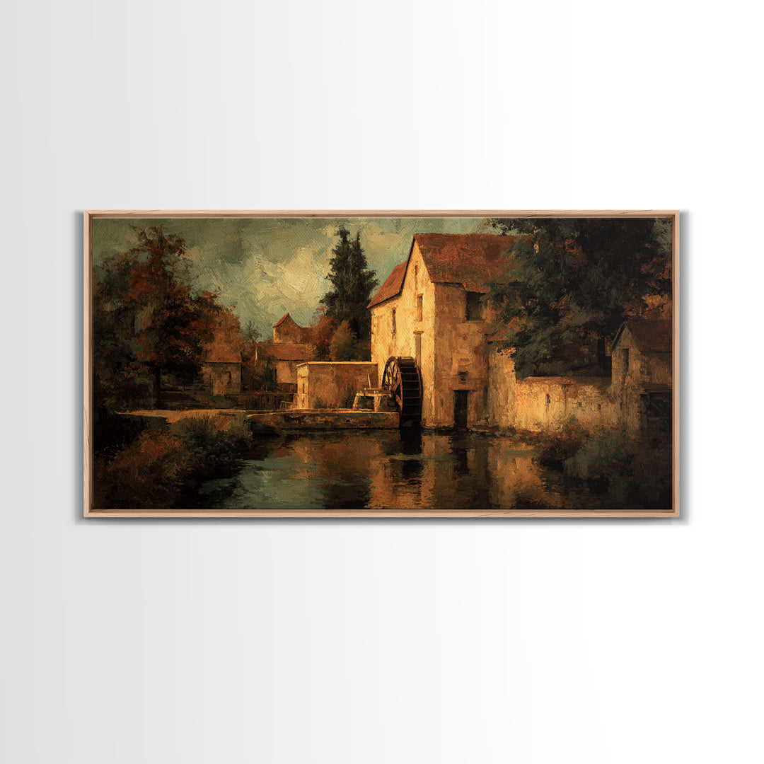 Watermill Beside a Quiet Stream Framed Canvas Print, Traditional Art, Living Room Decor, Fine Art, Classic, Dark Art, TRA-2x1-85