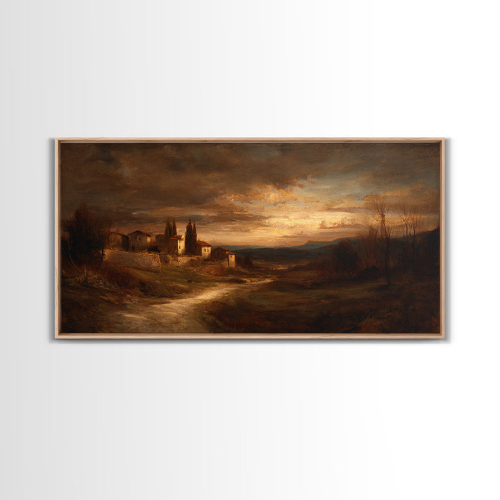 Snowy Village Landscape at Twilight Framed Canvas Print, Traditional Art, Japanese Decor, Living Room Decor, Fine Art, Classic, TRA-2x1-87