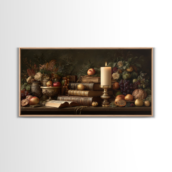Still Life of Books Candle and Fruit Framed Canvas Print, Traditional Art, Original Art, Living Room Decor, Fine Art, Classic, TRA-2x1-88