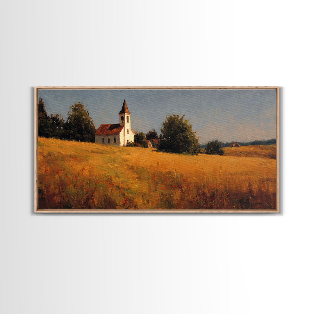 Church Steeple Across Rural Meadow Framed Canvas Print, Traditional Art, Wall Decor, Living Room Decor, Fine Art, Classic, TRA-2x1-9