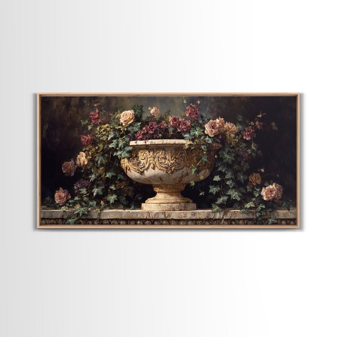 Garden Urn with Roses and Ivy Framed Canvas Print, Traditional Art, Digital Print, Living Room Decor, Watercolor Art, Classic, TRA-2x1-92