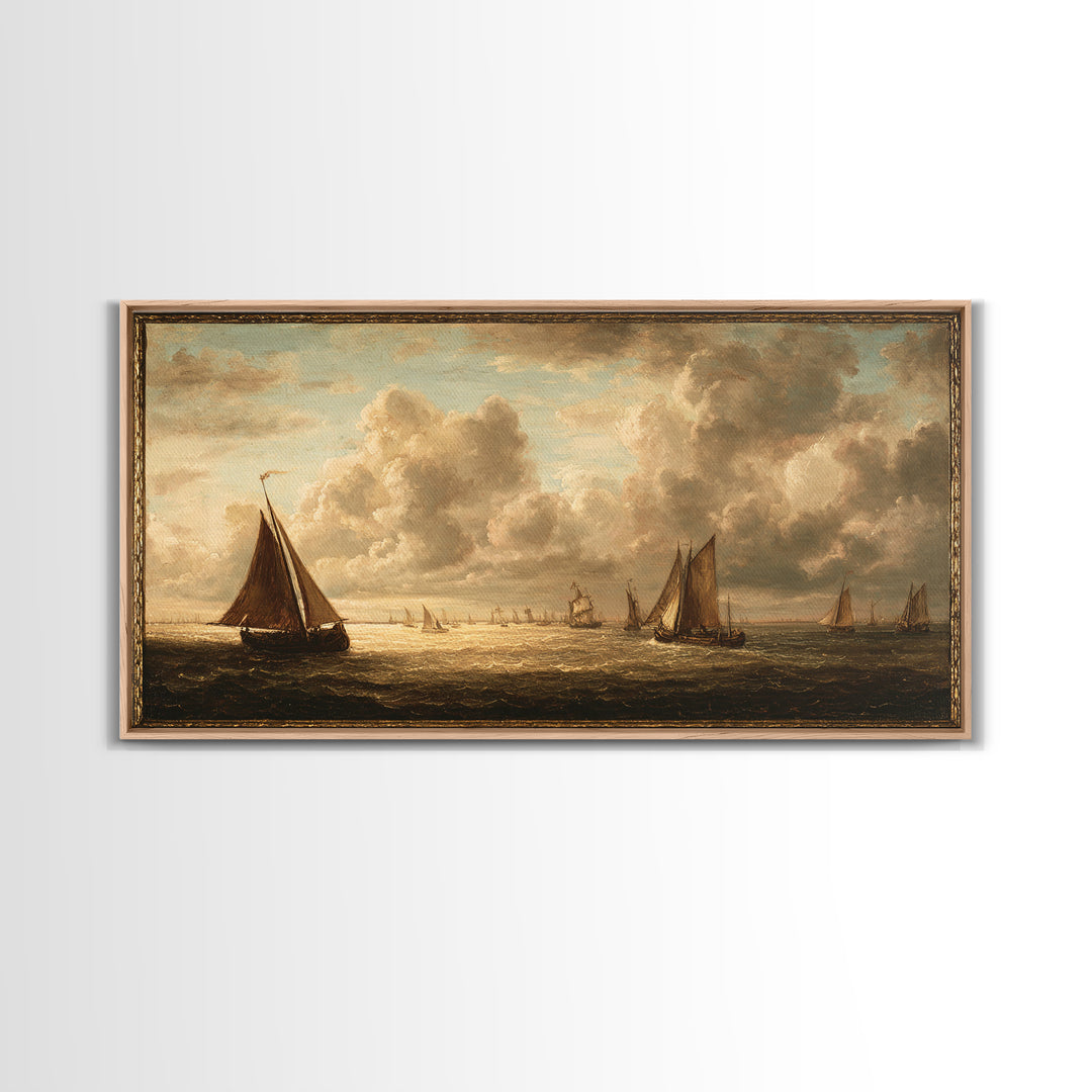 Seascape with Sailboats and Cloudy Sky Framed Canvas Print, Traditional Art, Canvas Print, Living Room Decor, Fine Art, Classic, TRA-2x1-97