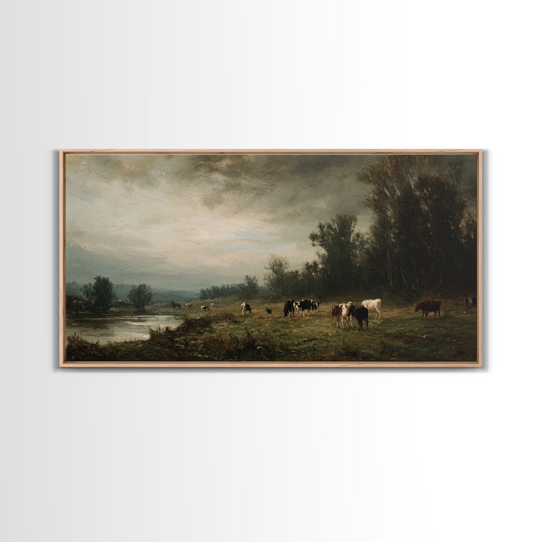 Pastoral Countryside with Cows in Field Framed Canvas Print, Traditional Art, Japanese Art, Living Room Decor, Classic, TRA-2x1-99