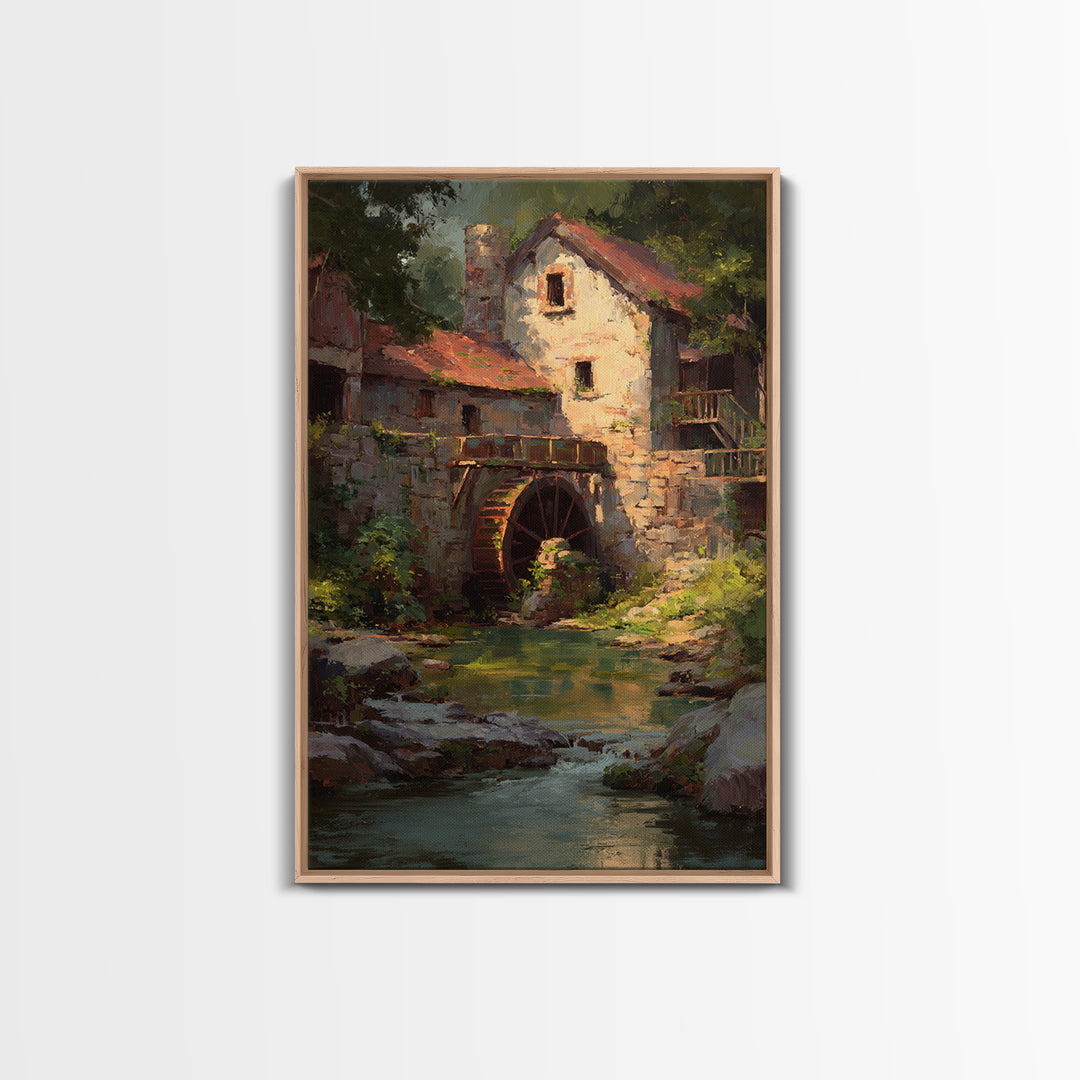 Watermill Beside a Quiet Stream Framed Canvas Print, Traditional Art, Digital Art, Living Room Decor, Fine Art, Classic, TRA-2x3-1