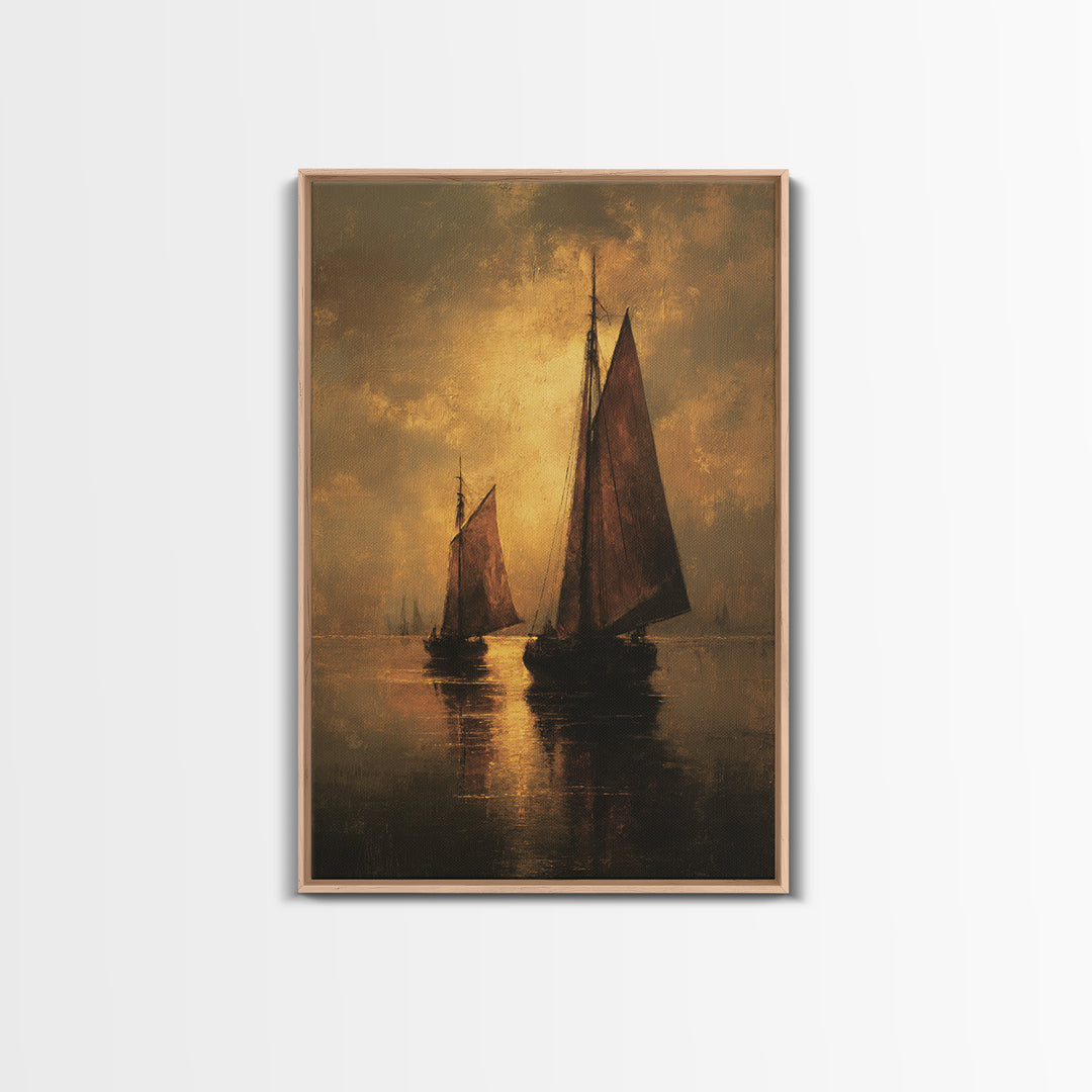 Seascape with Sailboats and Cloudy Sky Framed Canvas Print, Traditional Art, Boho, Living Room Decor, Fine Art, Classic, TRA-2x3-13